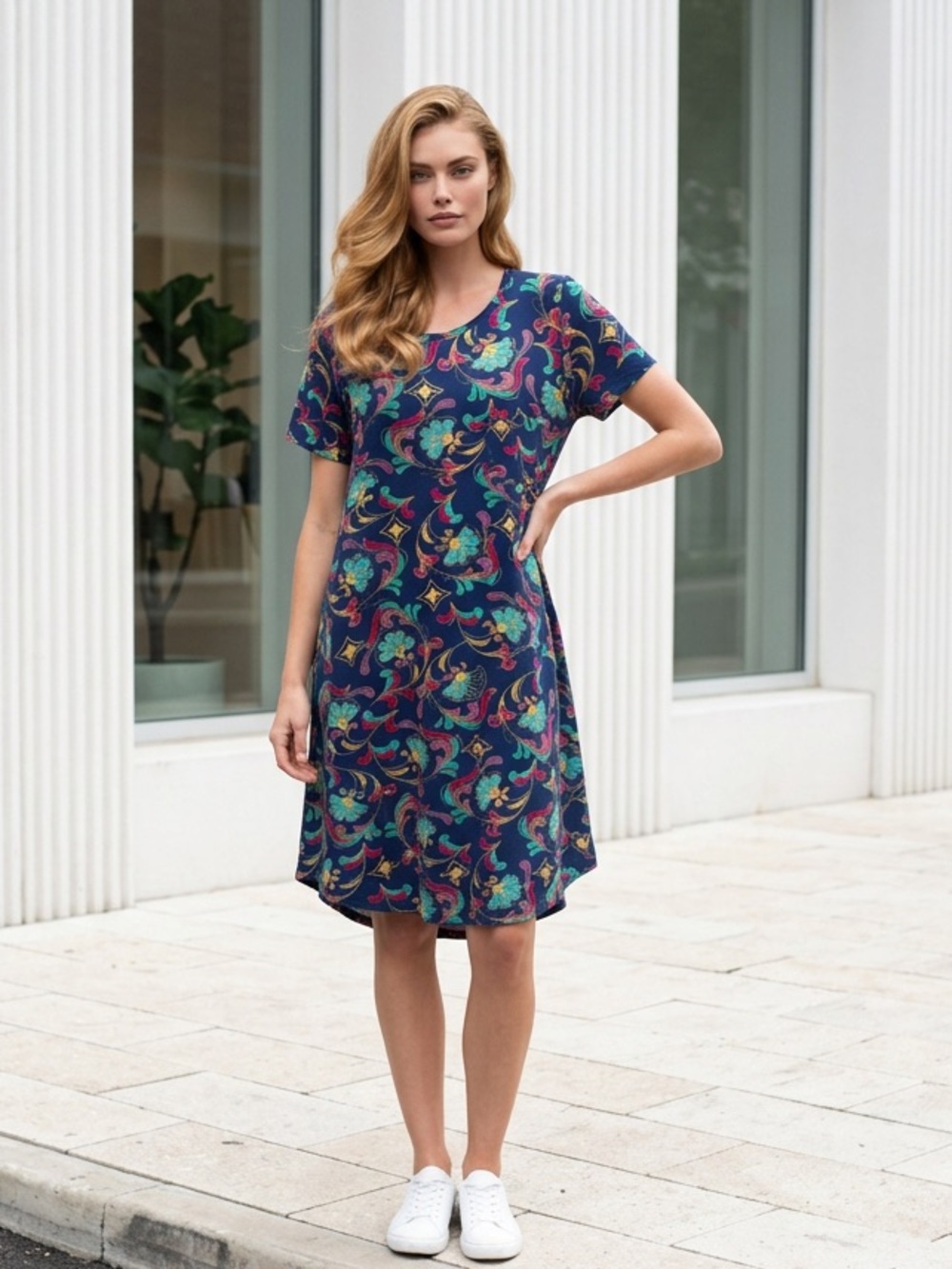 LuLaRoe Carly swing, High Low Navy Paisley Midi Dress with Teal & Pink Accents